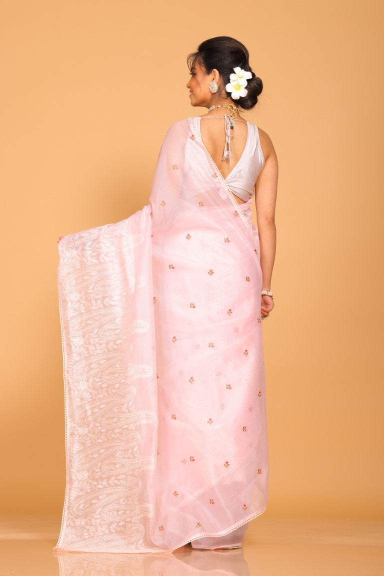 Morchari Cotton Supernet Embroiedery Saree - Light Pink | Grocsy