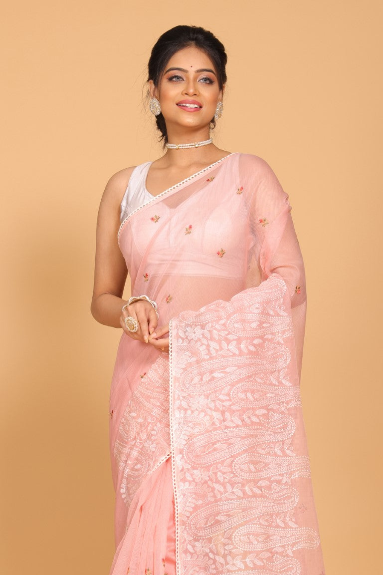 Morchari Cotton Supernet Embroiedery Saree - Onion Shade | Grocsy
