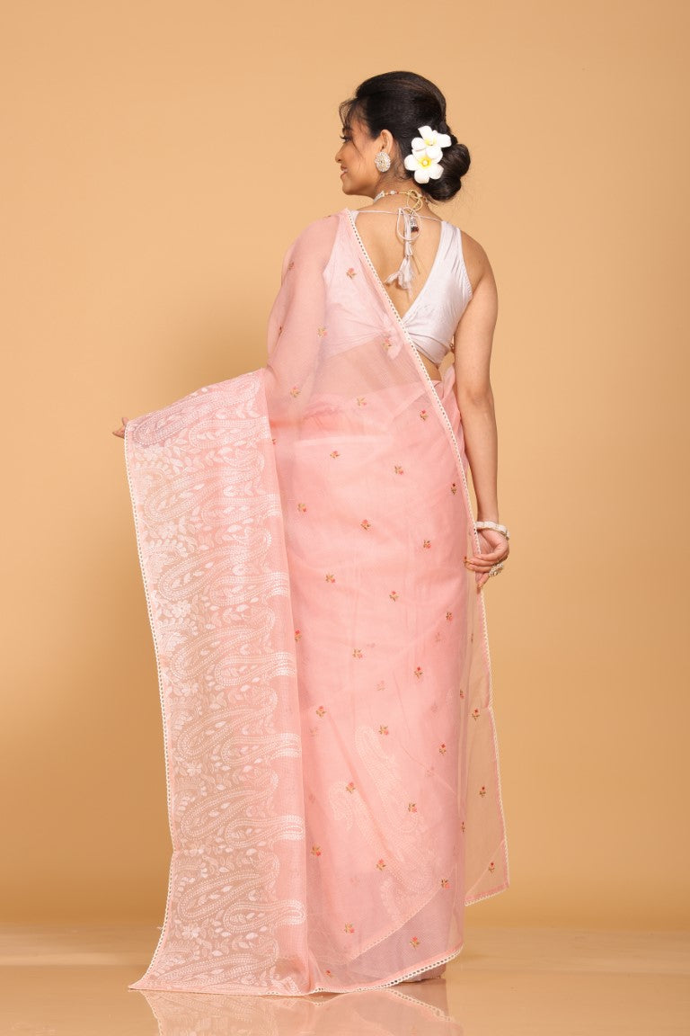 Morchari Cotton Supernet Embroiedery Saree - Onion Shade | Grocsy