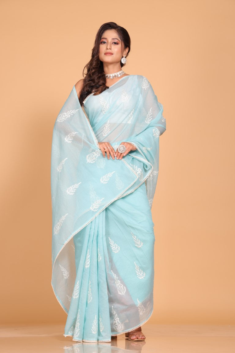 Morchari Cotton Supernet Embroiedery Saree - Blue | Grocsy