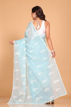 Morchari Cotton Supernet Embroiedery Saree - Blue | Grocsy