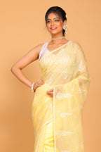 Morchari Cotton Supernet Embroiedery Saree - Yellow | Grocsy