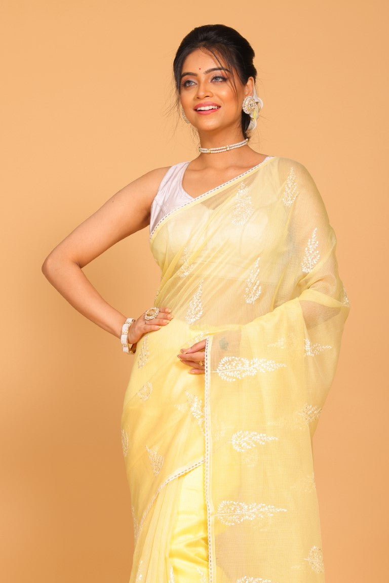 Morchari Cotton Supernet Embroiedery Saree - Yellow | Grocsy