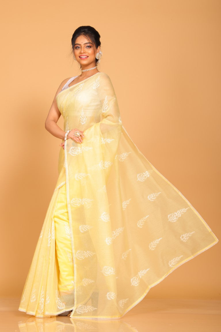 Morchari Cotton Supernet Embroiedery Saree - Yellow | Grocsy