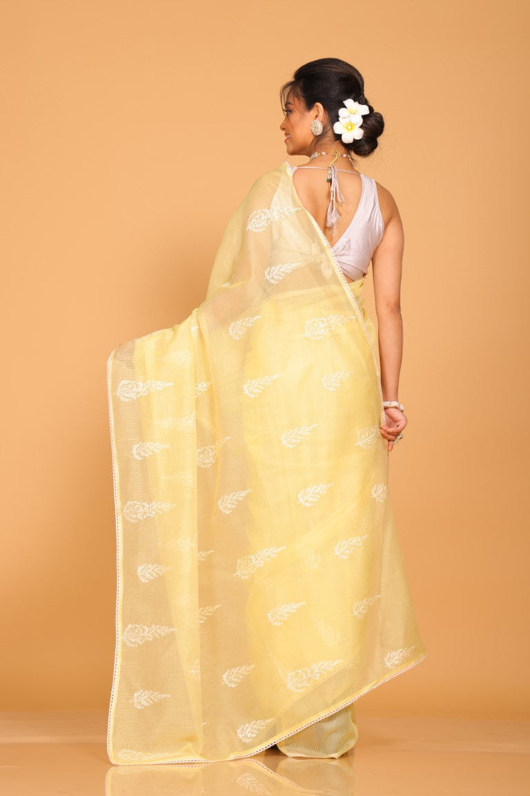 Morchari Cotton Supernet Embroiedery Saree - Yellow | Grocsy