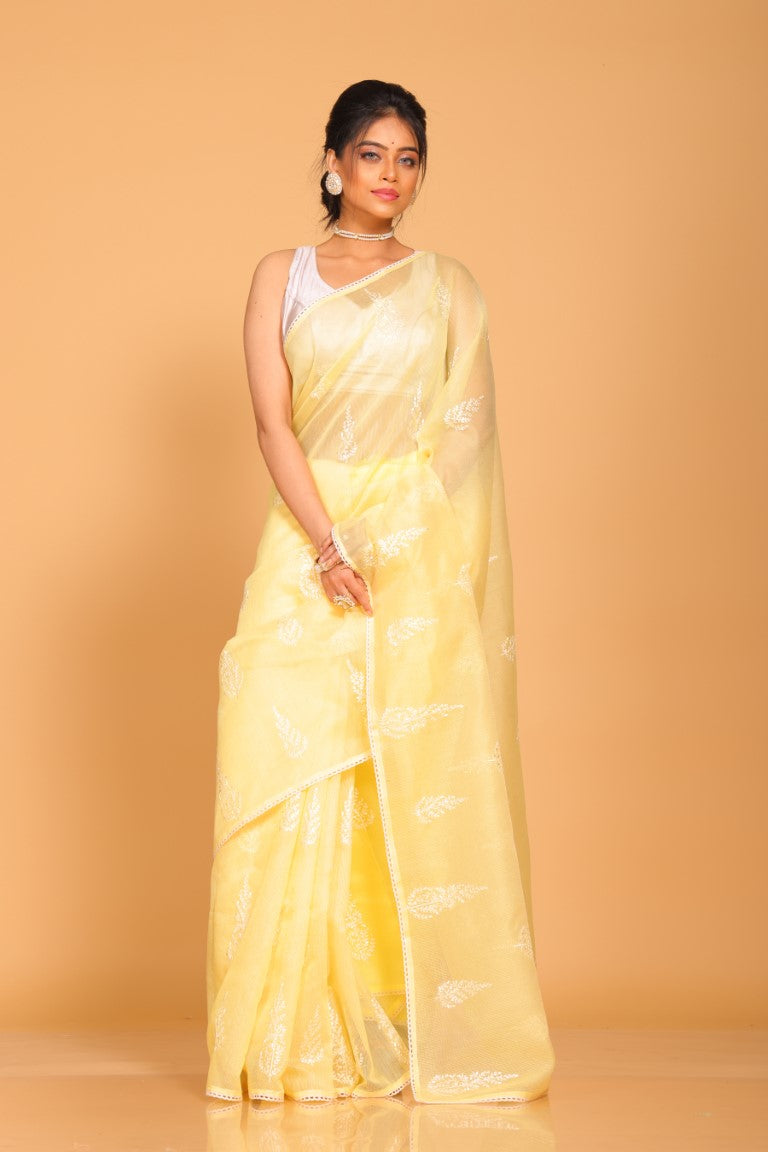 Morchari Cotton Supernet Embroiedery Saree - Yellow | Grocsy