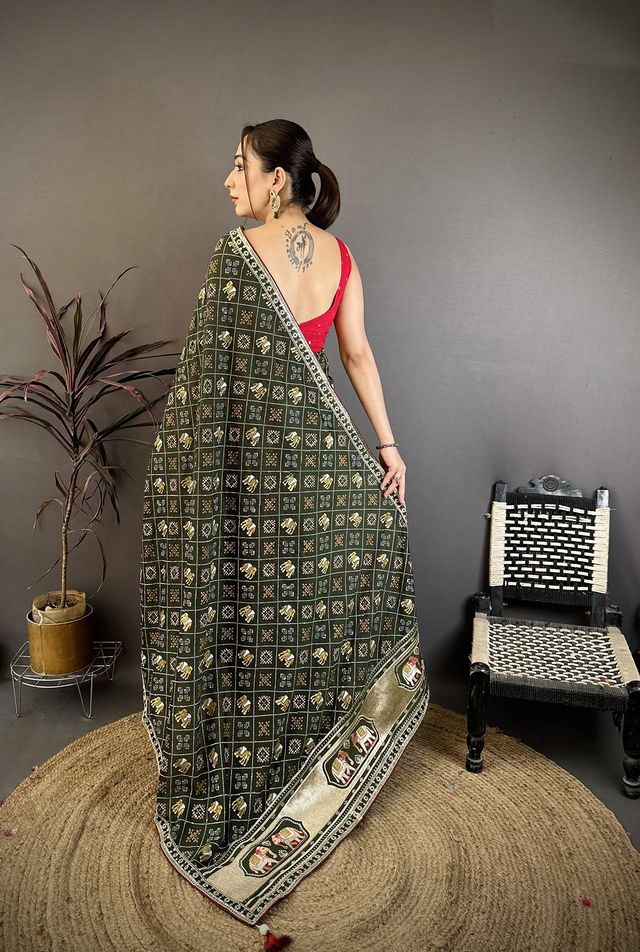 Elora Dark Green Vichitra Silk Animal Motifs Foil Print Sequence Embroidery Work Bandhani Saree | Grocsy