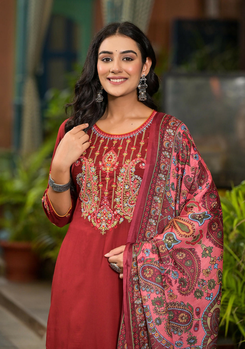 Juniper Women's Brown Thread Embroidered Liva Rayon Kurta Pant And Dupatta Set With Sequins | Grocsy