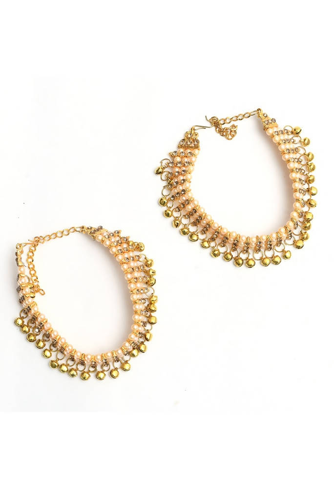 Mominos Fashion Kamal Johar Gold-Polished Pearls Anklets With Muvvas | Grocsy