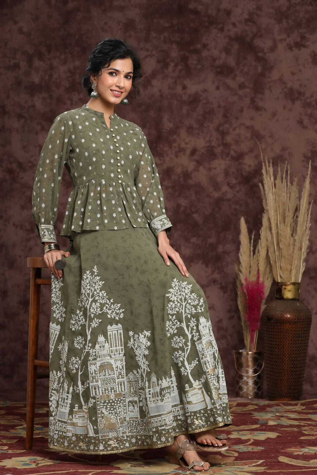 Juniper Women Olive Georgette Printed Flared Lehenga Choli Sets | Grocsy
