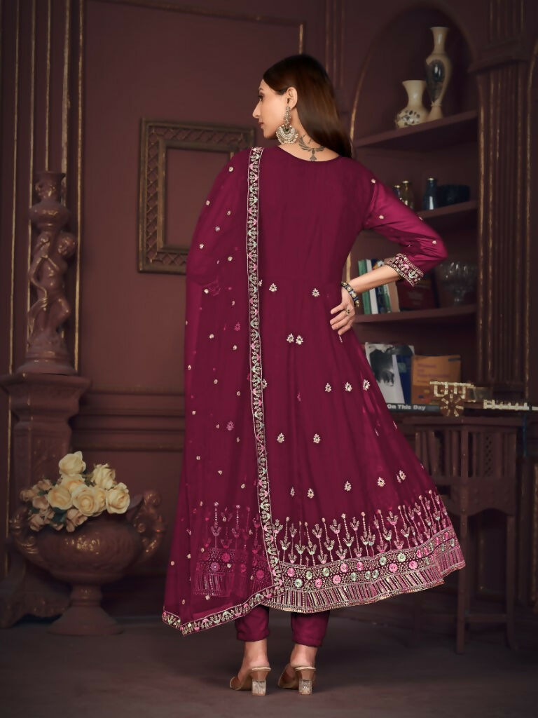 Jyoti Fashion Women's Rani Pink Georgette Embroidered Anarkali Kurta Pant Set With Dupatta | Grocsy