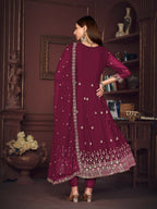 Jyoti Fashion Women's Rani Pink Georgette Embroidered Anarkali Kurta Pant Set With Dupatta | Grocsy