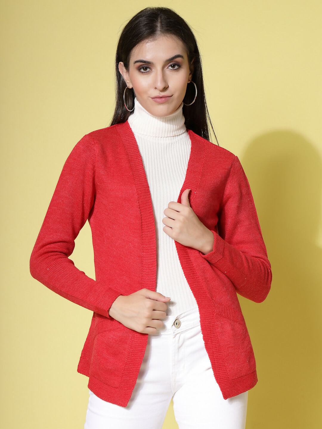 Women Red Acrylic Solid Cardigan - Wool Trees | Grocsy