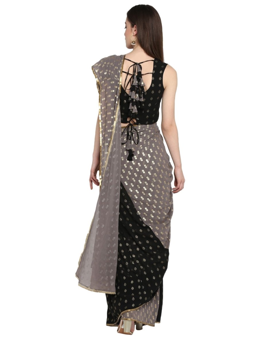 Ahalyaa Women's Black Georgette Foil Print Ready to Wear Saree | Grocsy