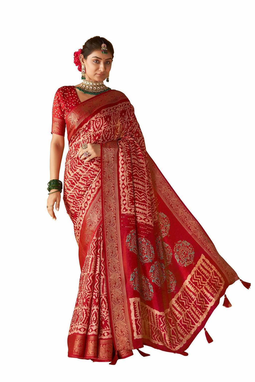 Joban Fashion Kashmiri Silk Zari Border Red Work Saree | Grocsy