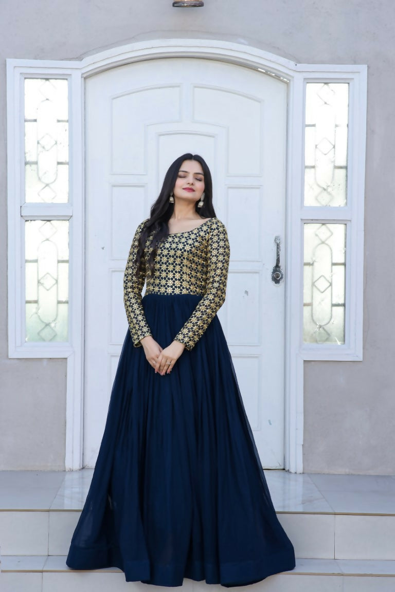 Jyoti Fashion Women's Navy Blue Sequence Zari Embroidered Faux Blooming Anarkali Dress | Grocsy