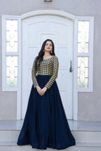 Jyoti Fashion Women's Navy Blue Sequence Zari Embroidered Faux Blooming Anarkali Dress | Grocsy
