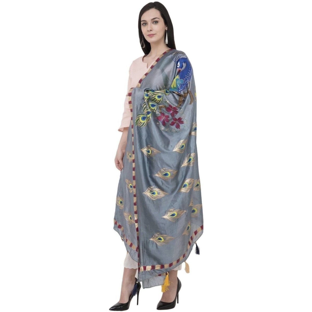 A R Silk Silk Peacock Multi Fancy Dupatta Color Gray Dupatta or Chunni | Grocsy