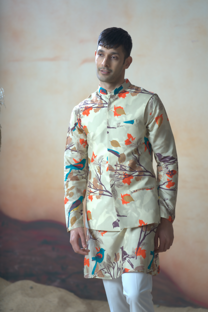 Serenity Bird Themed Print Cotton Nehrujacket Set by Hilo Design | Grocsy