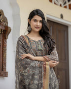 Kaajh Women's Grey-Green Digital Print Chanderi Kurta Pant Set With Dupatta | Grocsy