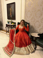 Teeya Creation Womens New Fancy Silk Heavy Quality Fabric With Handwork Orange Gown Set | Grocsy