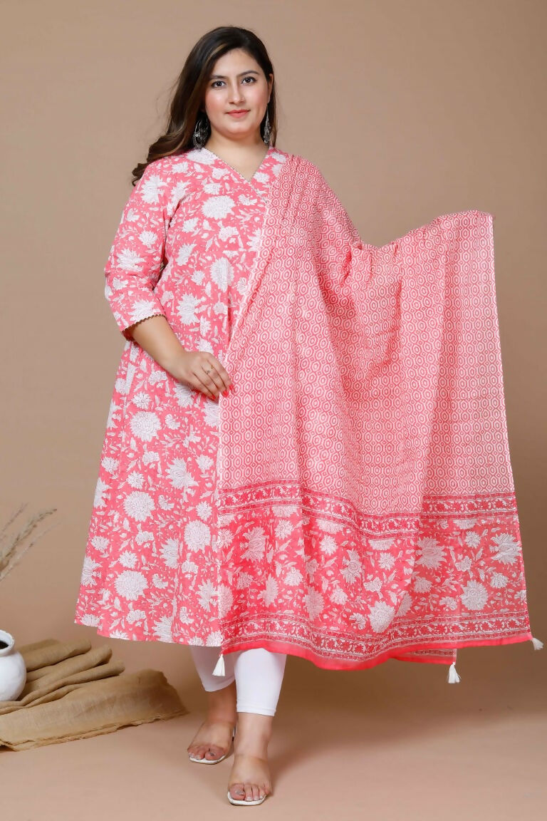Miravan Women's Pink Plus Size Cotton Floral Print Anarkali Kurta With Dupatta | Grocsy