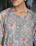 Vaasva Women's Grey Cotton Digital Printed Embroidered Placket Dress | Grocsy