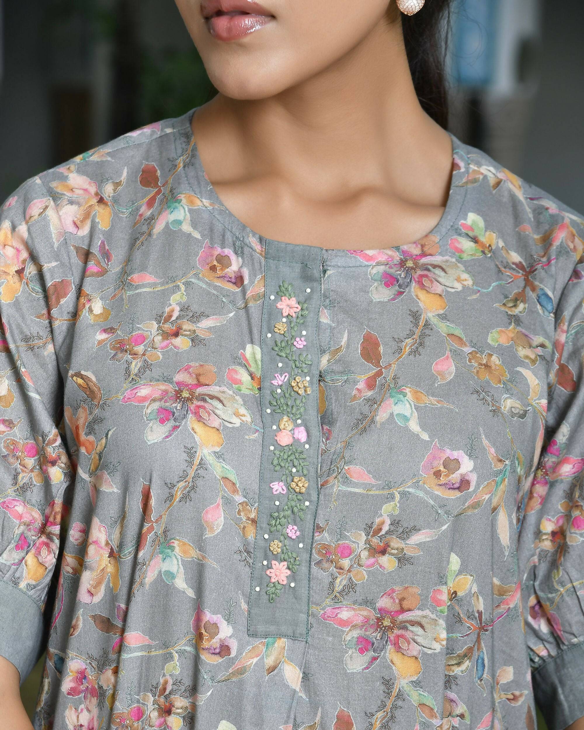 Vaasva Women's Grey Cotton Digital Printed Embroidered Placket Dress | Grocsy