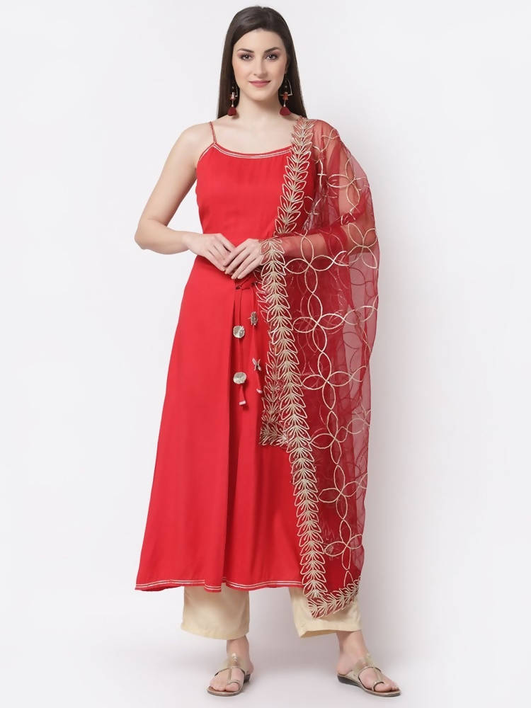Myshka Red Color Silk blend Solid Kurta With Dupatta Set | Grocsy