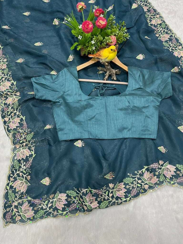 Vastranavya Gold Crunchy Multi Colour Threads Embroidery Work with Sequins Work Saree with Blouse material - Teal | Grocsy