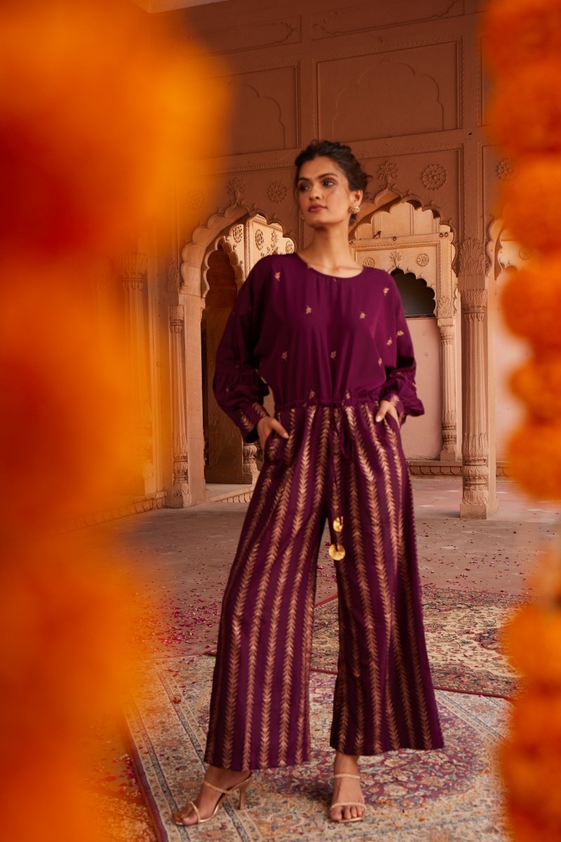 Ahalyaa Purple & Golden Printed Basic Jumpsuit | Grocsy