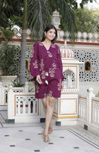 Miravan Women's Pure Cotton Wine Floral Printed Long Sleeves Waist Tie-Up Playsuit | Grocsy