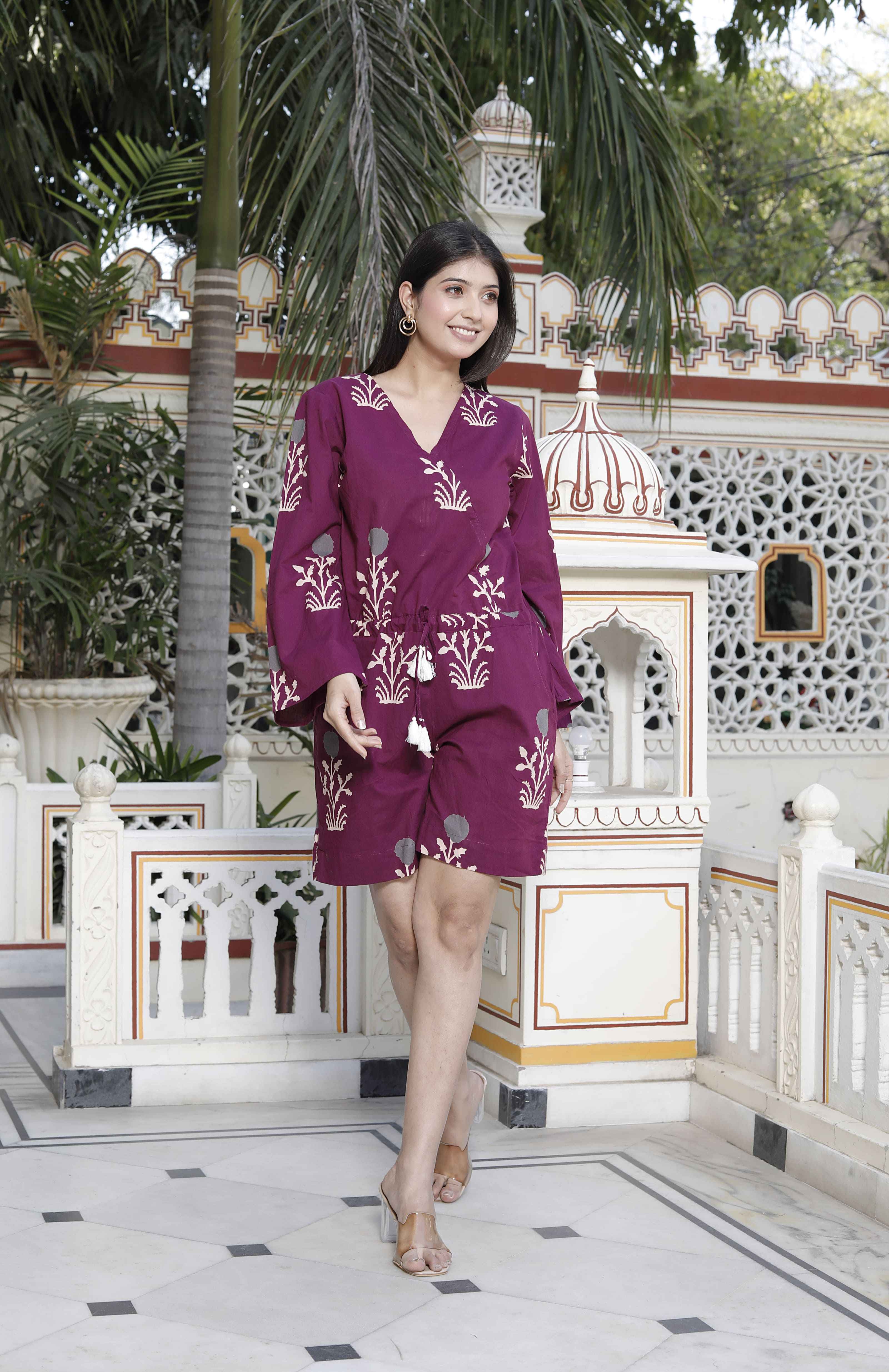 Miravan Women's Pure Cotton Wine Floral Printed Long Sleeves Waist Tie-Up Playsuit | Grocsy