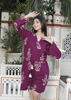Miravan Women's Pure Cotton Wine Floral Printed Long Sleeves Waist Tie-Up Playsuit | Grocsy