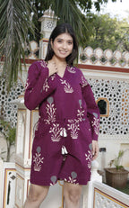 Miravan Women's Pure Cotton Wine Floral Printed Long Sleeves Waist Tie-Up Playsuit | Grocsy