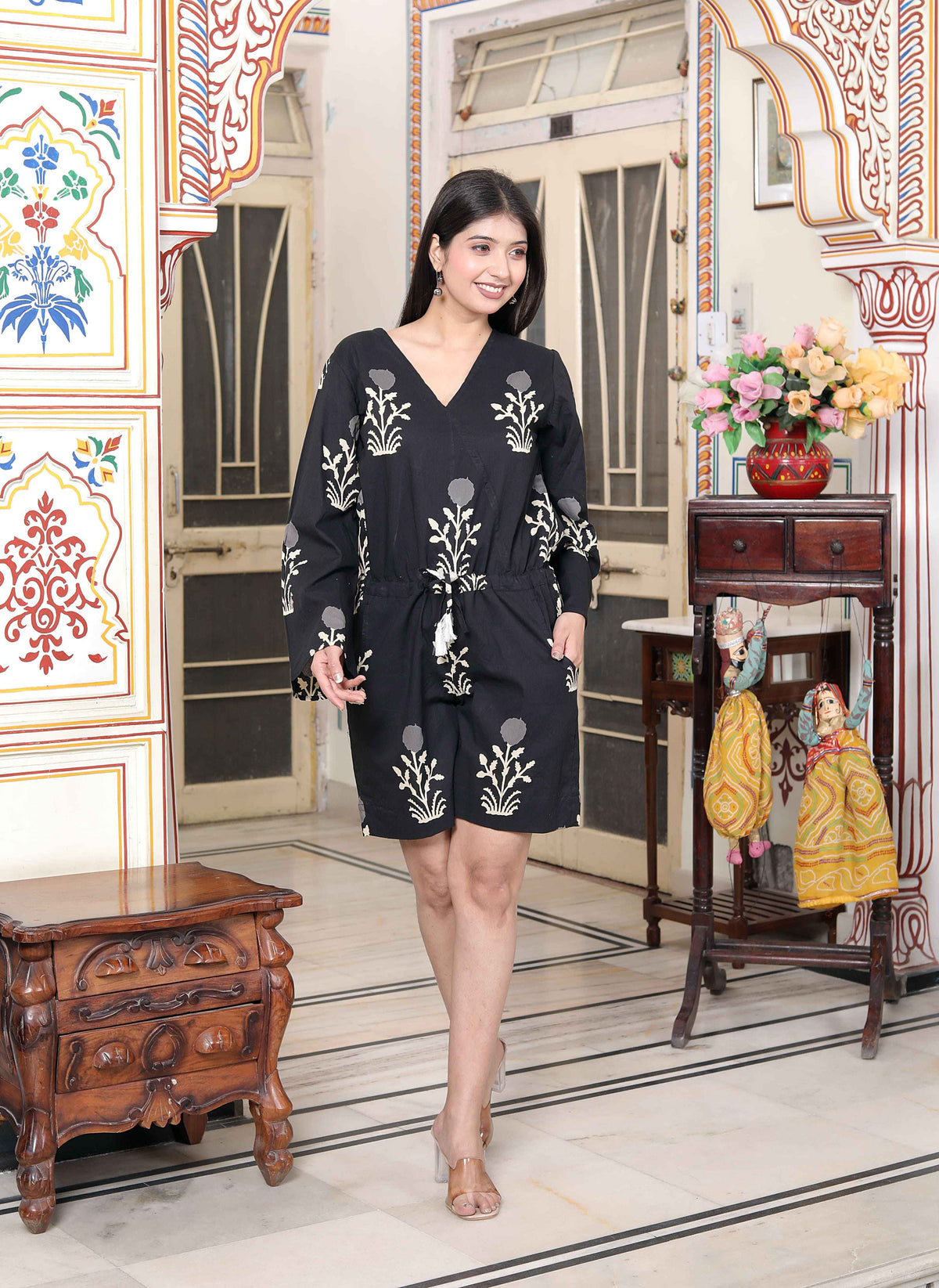 Miravan Women's Pure Cotton Black Waist Tie-Up Back Zip Closure Floral Playsuit | Grocsy