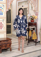 Miravan Women's Blue V Neck Tie-Ups Floral Pure Cotton Casual Long Sleeves Playsuit | Grocsy