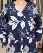 Miravan Women's Blue V Neck Tie-Ups Floral Pure Cotton Casual Long Sleeves Playsuit | Grocsy