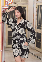Miravan Women's Pure Cotton Black V Neck Tie-Ups Floral Printed Casual Jumpsuit | Grocsy