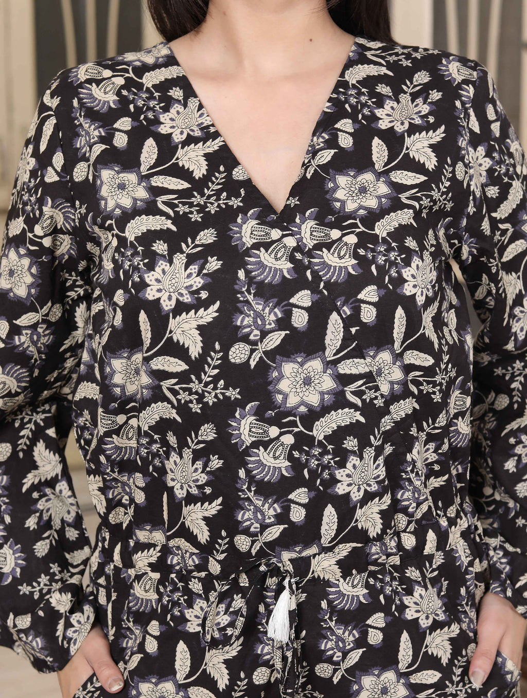 Miravan Women's Pure Cotton Black Long Sleeve Floral Printed Stylish Jumpsuit | Grocsy