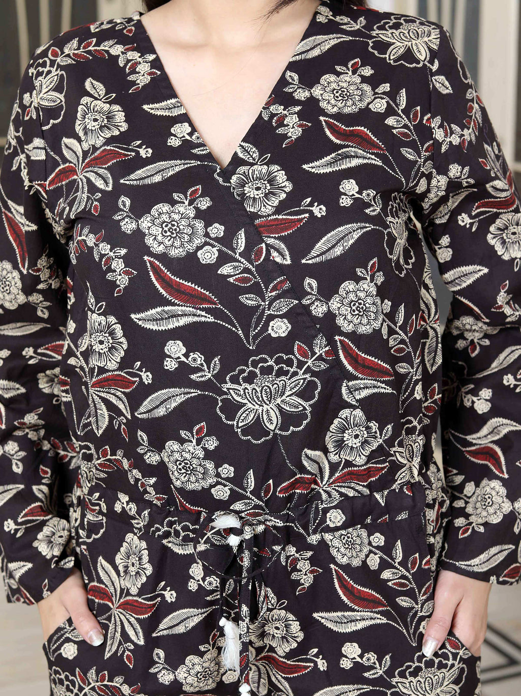 Miravan Women's Multi Pure Cotton Floral Printed V Neck Long Sleeves Jumpsuit | Grocsy