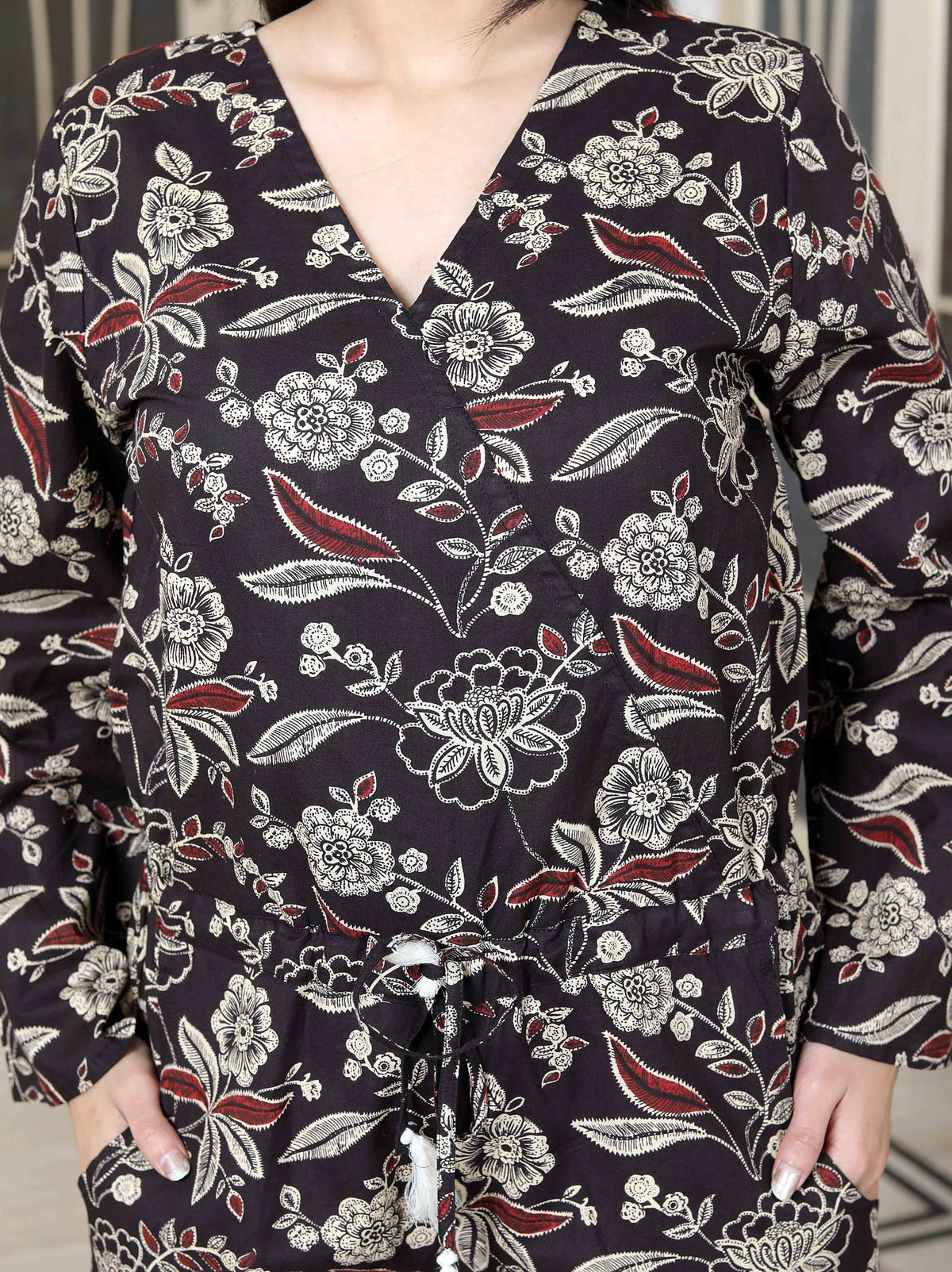 Miravan Women's Multi Pure Cotton Floral Printed V Neck Long Sleeves Jumpsuit | Grocsy