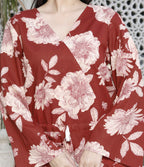 Miravan Women's Pure Cotton Red Floral Printed Long Sleeves Jumpsuit | Grocsy