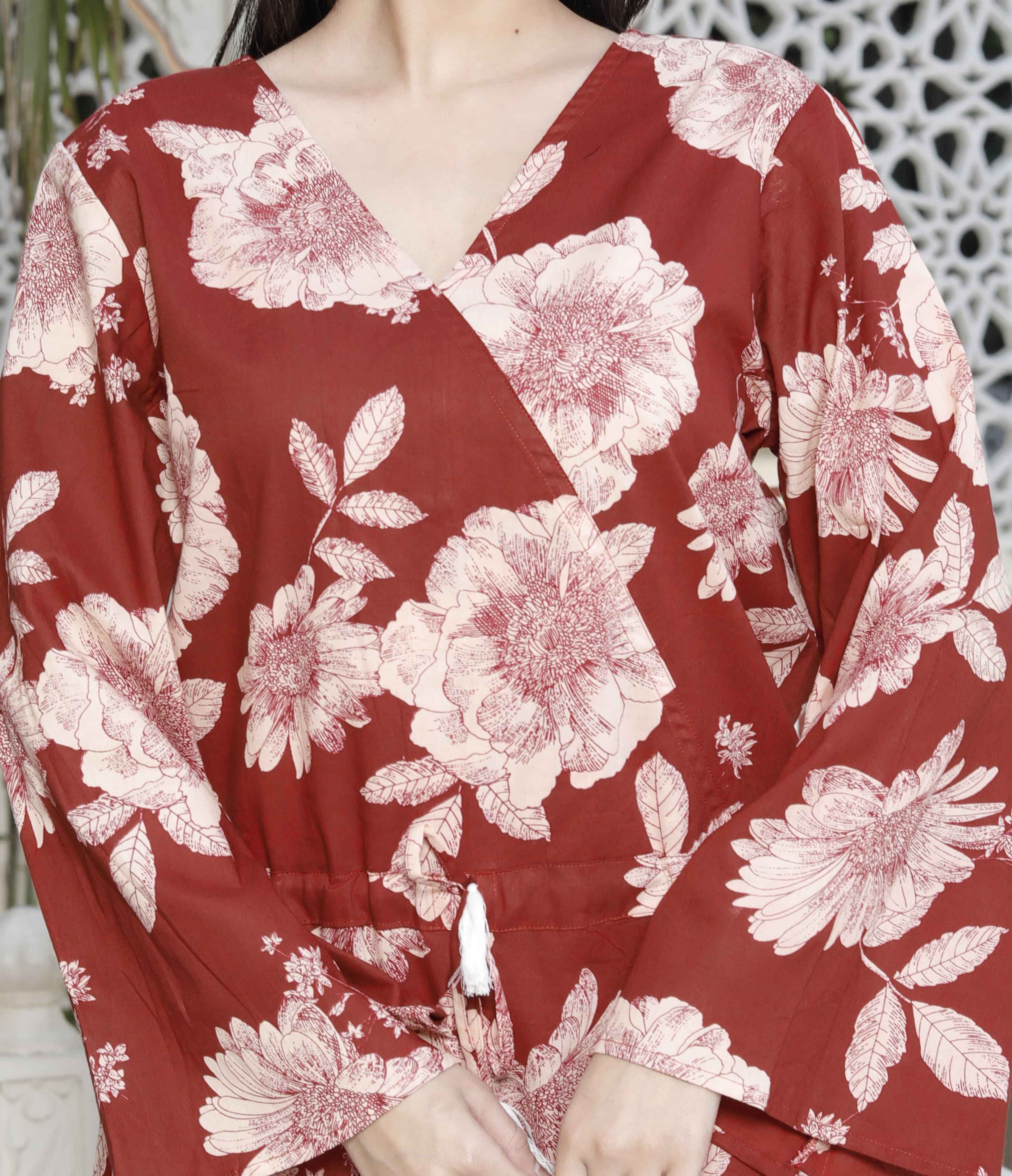 Miravan Women's Pure Cotton Red Floral Printed Long Sleeves Jumpsuit | Grocsy