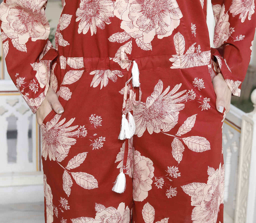 Miravan Women's Pure Cotton Red Floral Printed Long Sleeves Jumpsuit | Grocsy