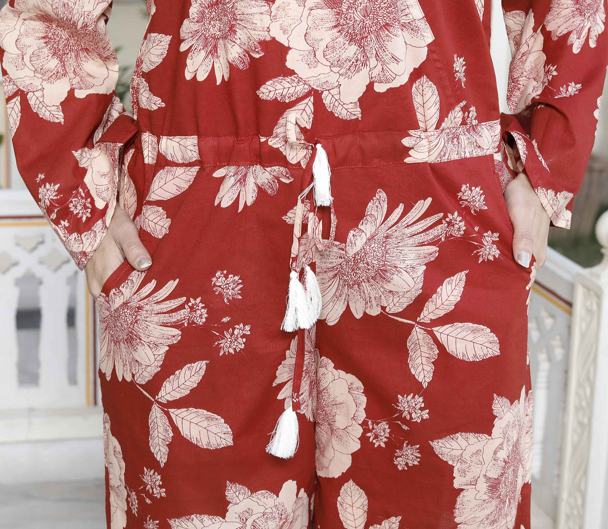 Miravan Women's Pure Cotton Red Floral Printed Long Sleeves Jumpsuit | Grocsy