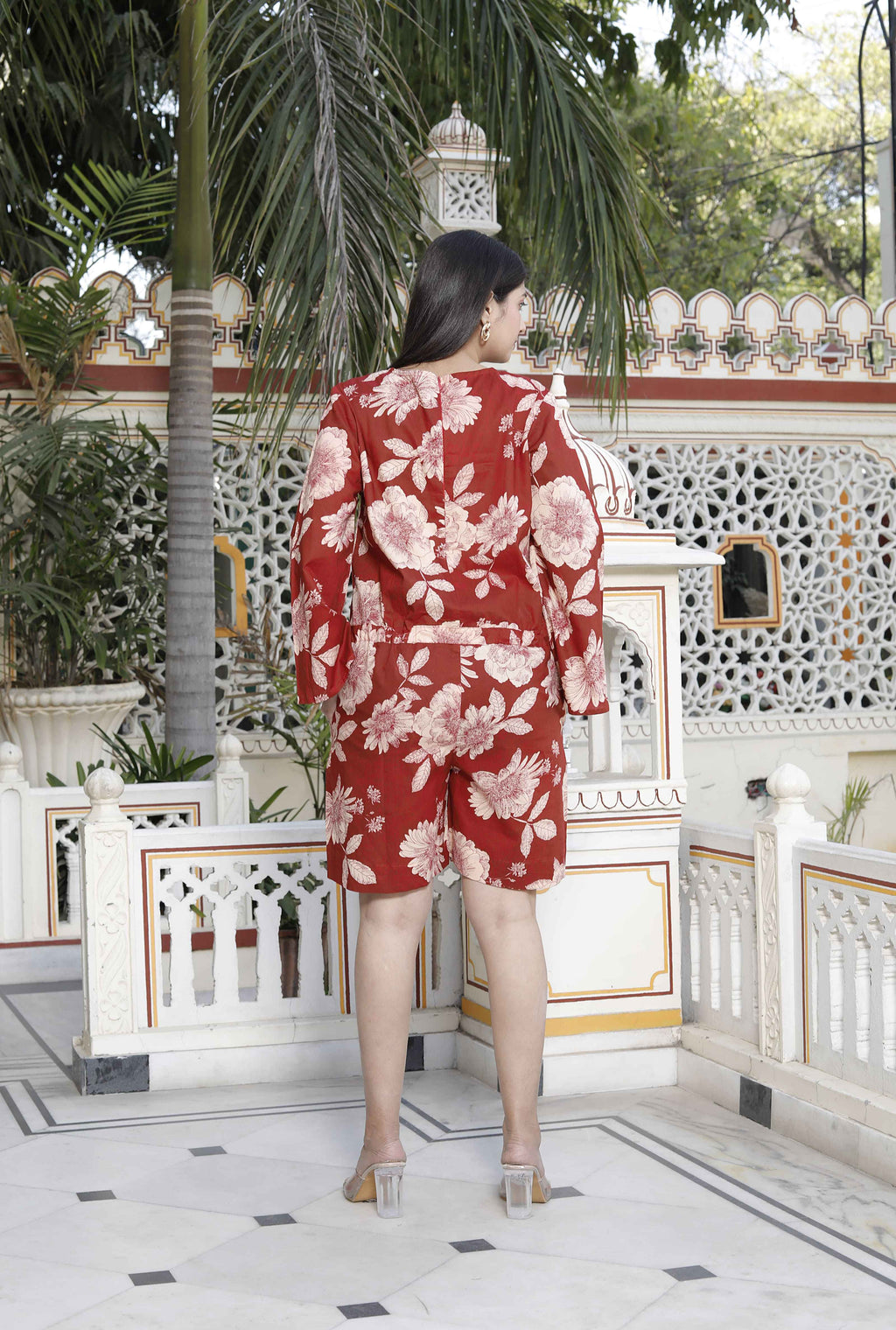 Miravan Women's Pure Cotton Red Floral Printed Long Sleeves Jumpsuit | Grocsy