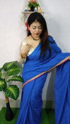 Exclusive Collection Beautiful Khadi Cotton Handloom Saree With Beautiful Zari Border - Blue | Grocsy