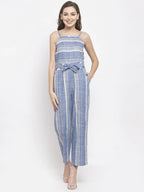 Jompers Women's Blue & Off-White Striped Basic Jumpsuit | Grocsy