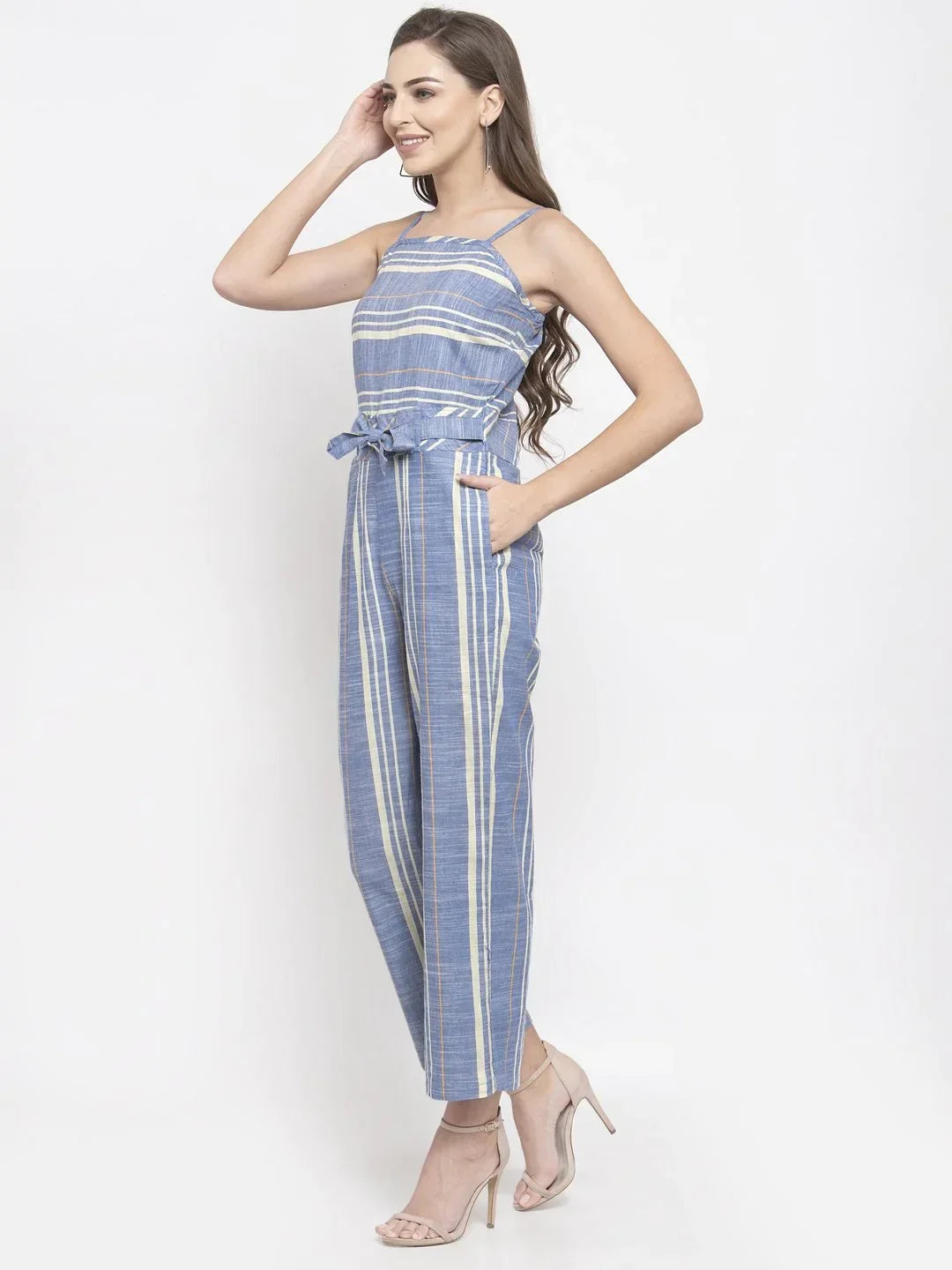 Jompers Women's Blue & Off-White Striped Basic Jumpsuit | Grocsy